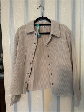 Ribbed Cream Utility Jacket with Snap Front